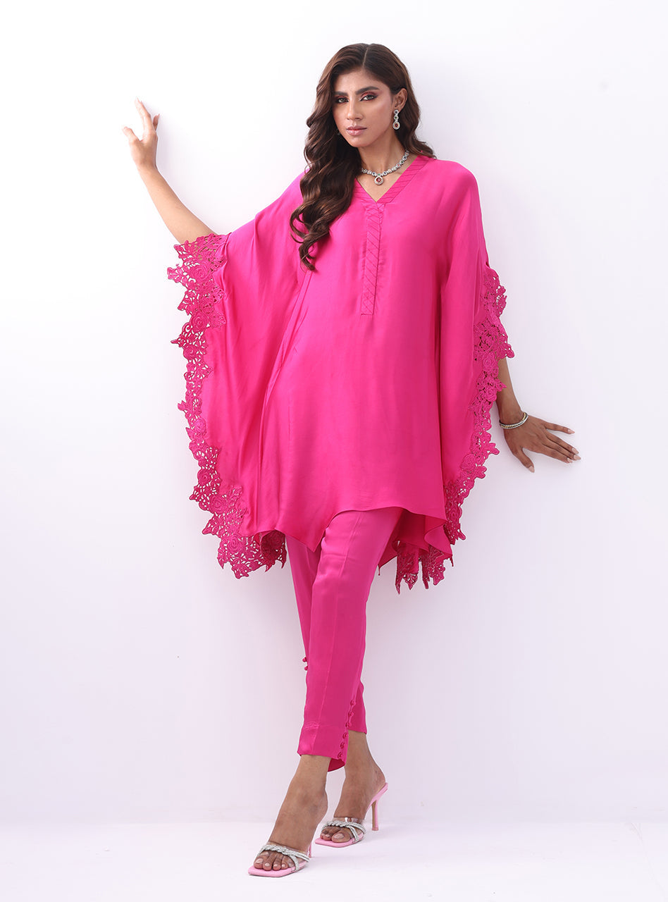 Pakistani Fuchsia Embroidered Charmeuse Silk Cape Dress (2-Piece) - Image 2