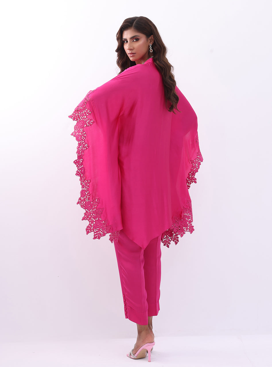 Pakistani Fuchsia Embroidered Charmeuse Silk Cape Dress (2-Piece) - Image 3