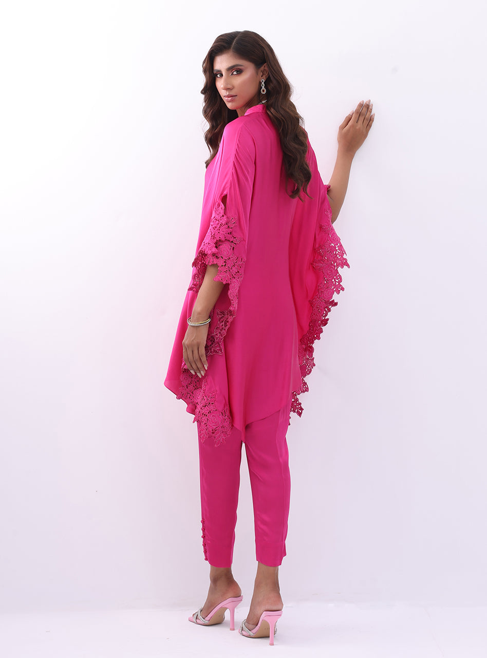 Pakistani Fuchsia Embroidered Charmeuse Silk Cape Dress (2-Piece) - Image 4