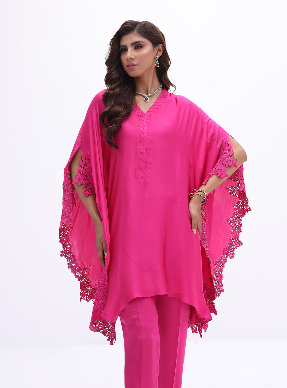Pakistani Fuchsia Embroidered Charmeuse Silk Cape Dress (2-Piece) - Image 5