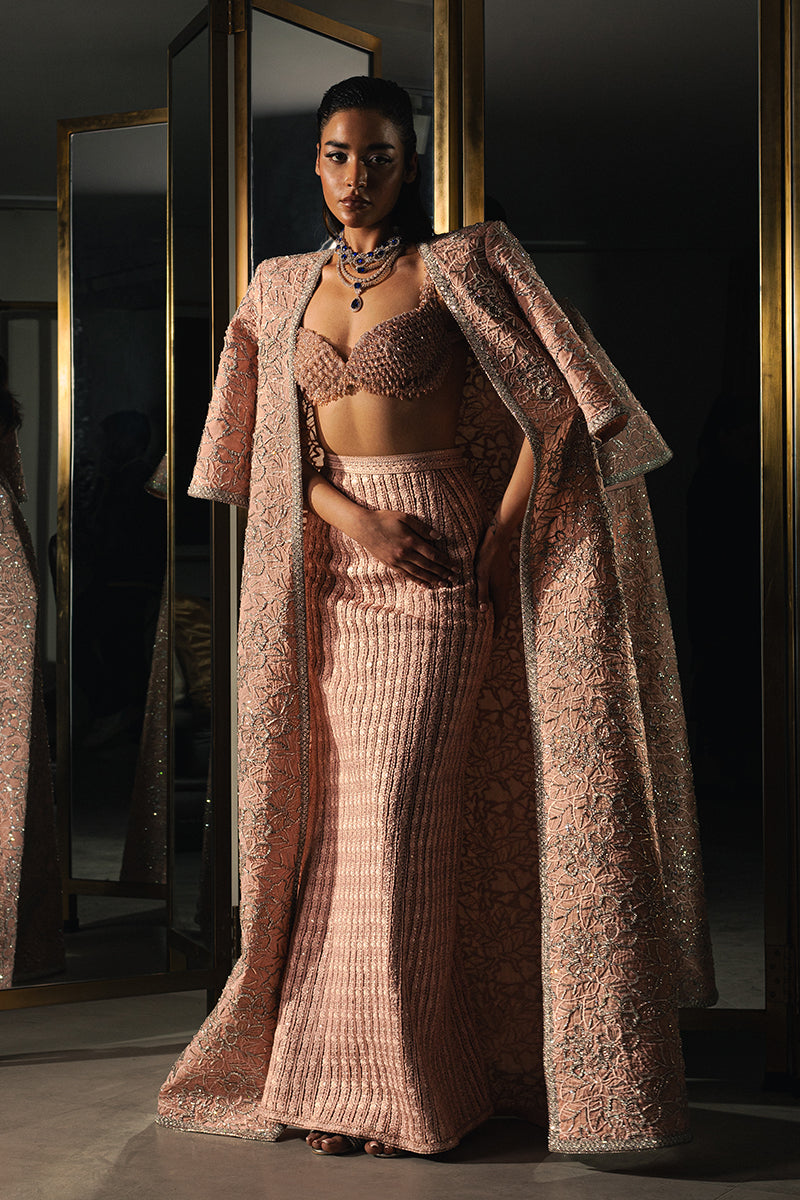 Pakistani Sepia Pink Beaded Net Cape Dress (3-Piece) - Image 1