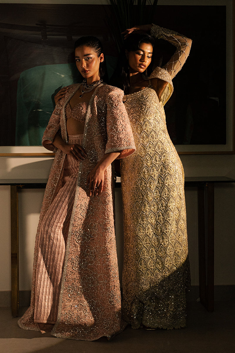 Pakistani Sepia Pink Beaded Net Cape Dress (3-Piece) - Image 10