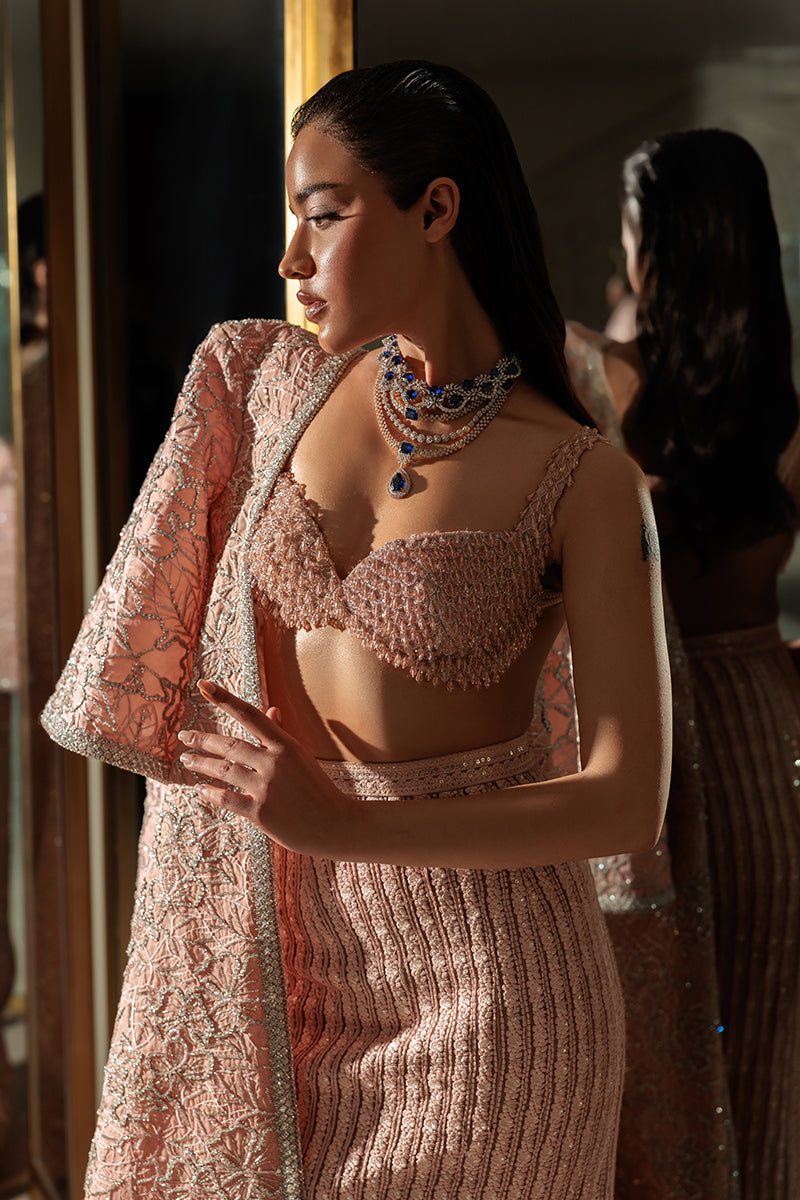 Pakistani Sepia Pink Beaded Net Cape Dress (3-Piece) - Image 2