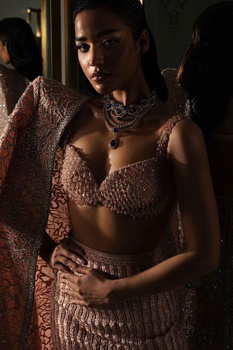 Pakistani Sepia Pink Beaded Net Cape Dress (3-Piece) - Image 4