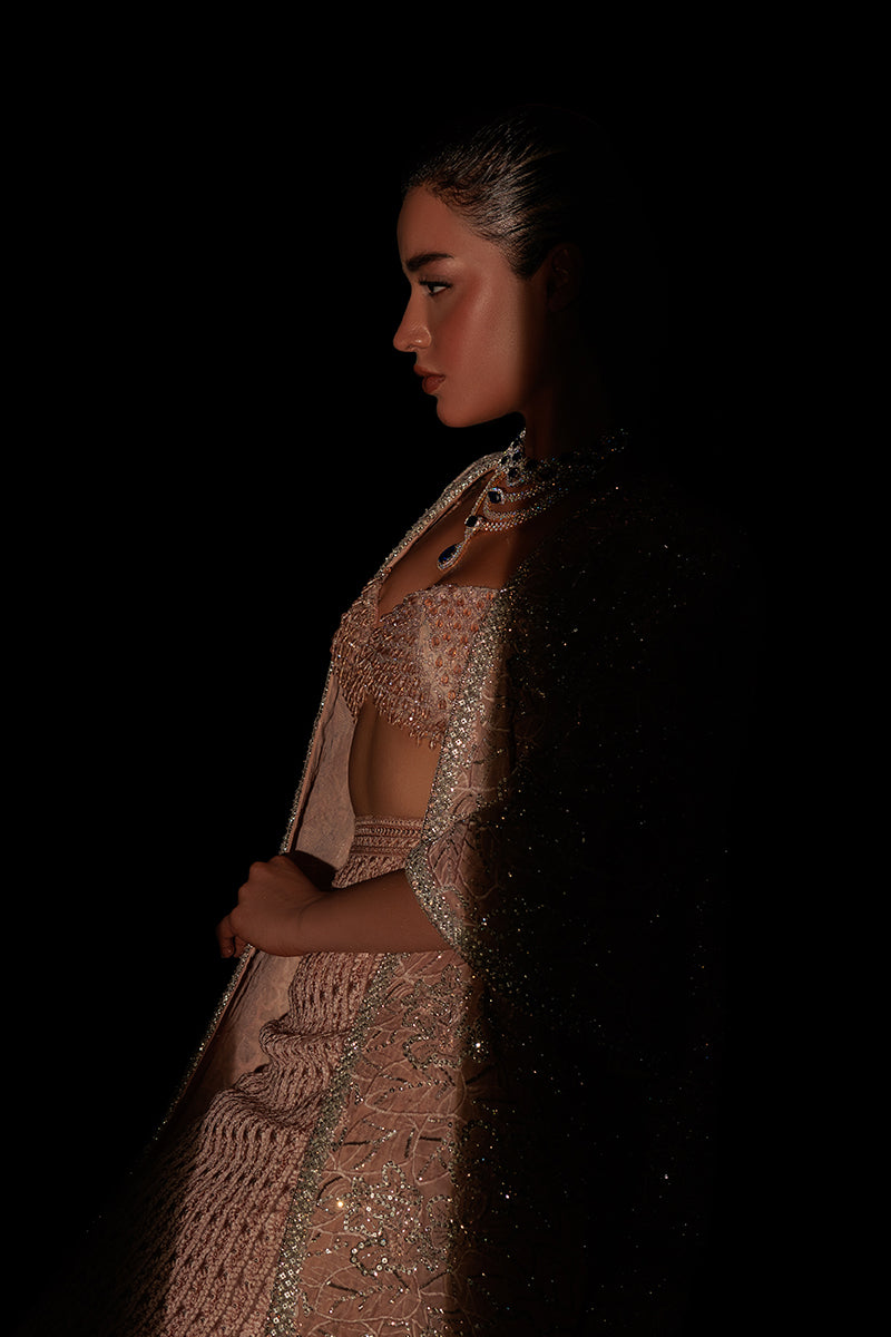 Pakistani Sepia Pink Beaded Net Cape Dress (3-Piece) - Image 5