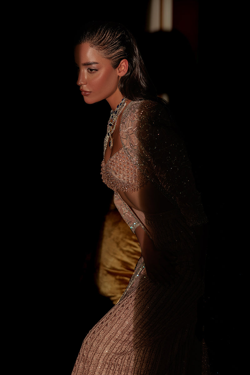 Pakistani Sepia Pink Beaded Net Cape Dress (3-Piece) - Image 6