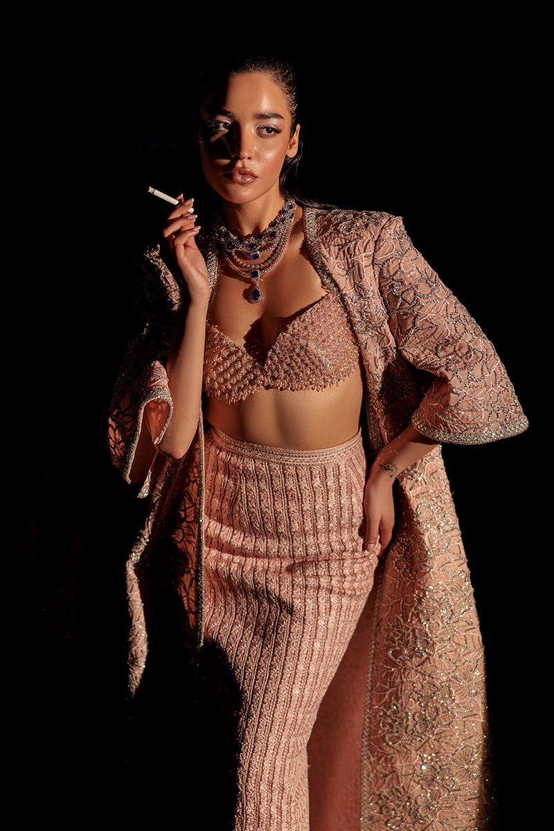 Pakistani Sepia Pink Beaded Net Cape Dress (3-Piece) - Image 7