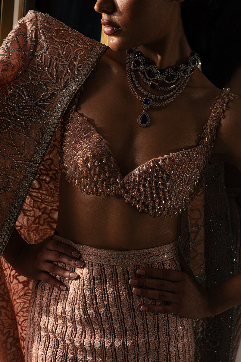 Pakistani Sepia Pink Beaded Net Cape Dress (3-Piece) - Image 9