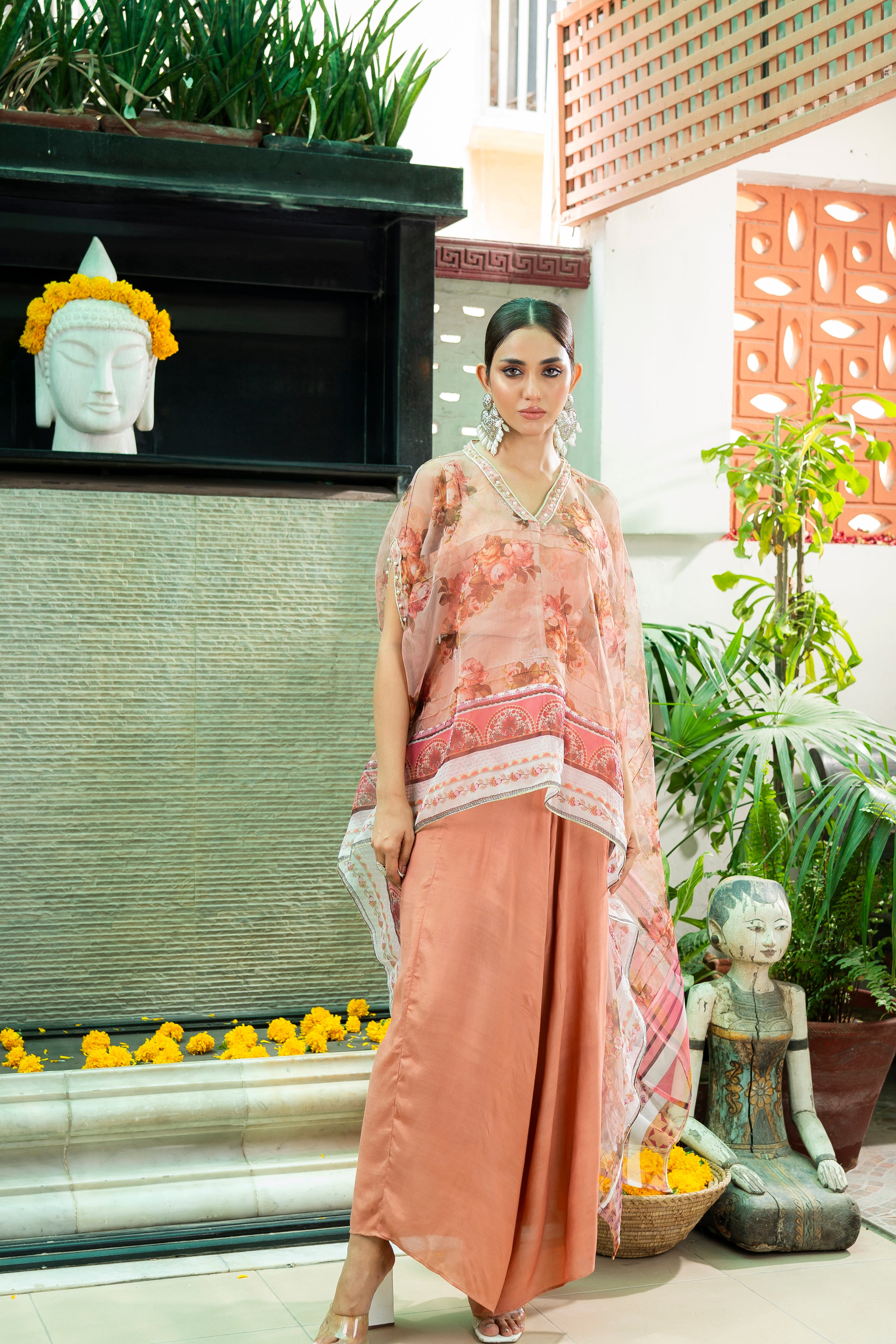 Pakistani Peach Floral Organza Cape Dress (3-Piece) - Image 1