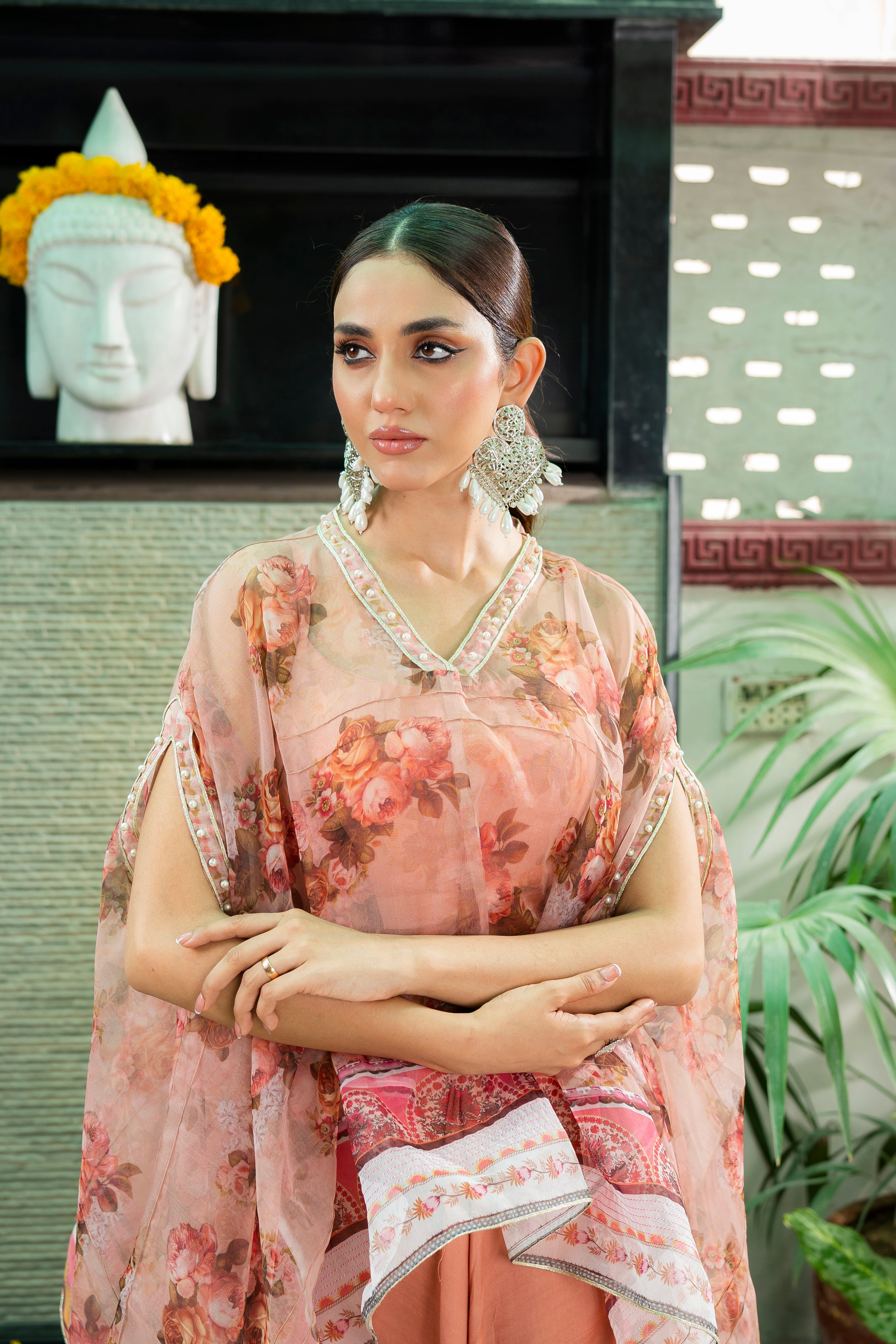 Pakistani Peach Floral Organza Cape Dress (3-Piece) - Image 2