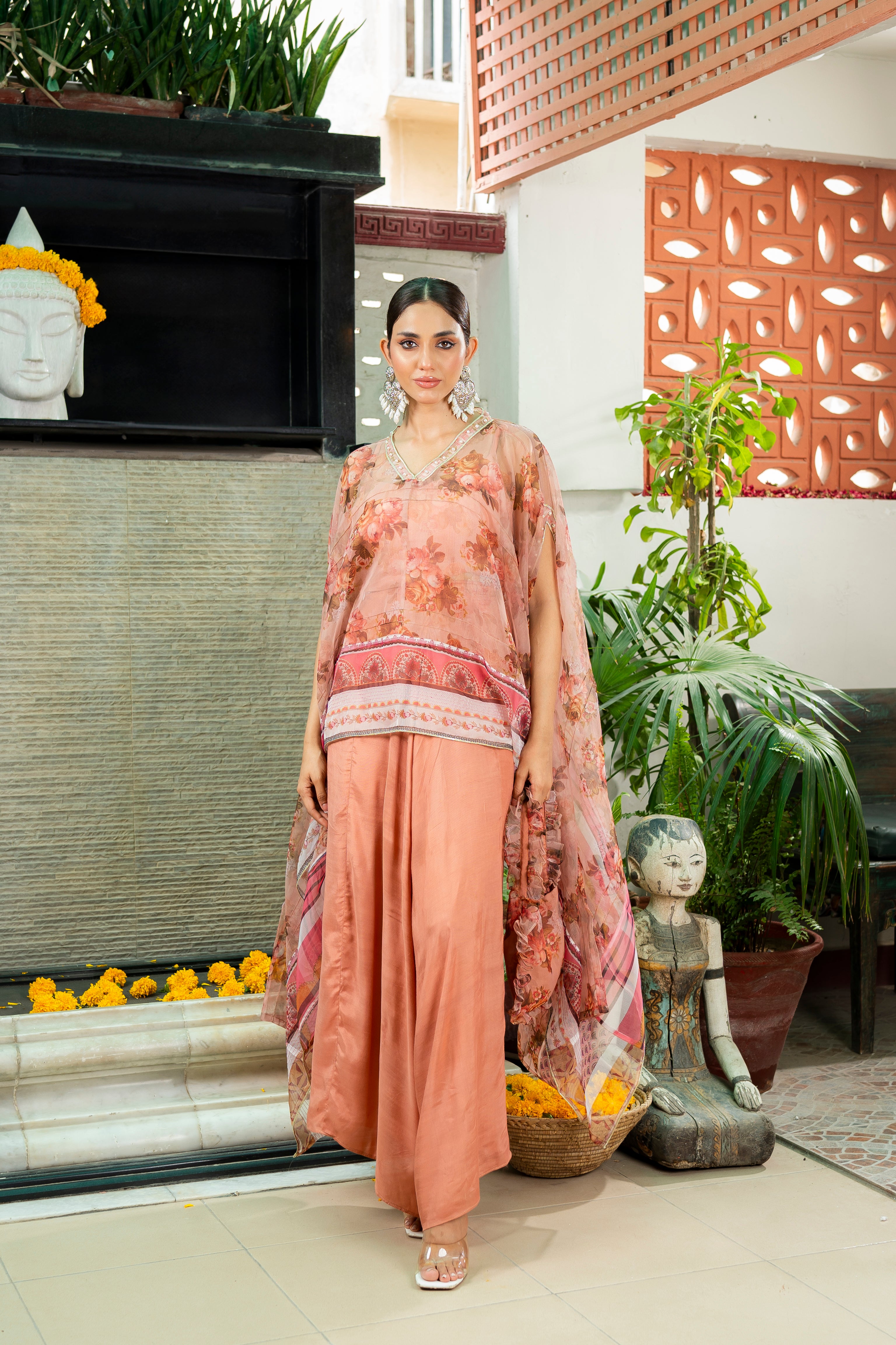 Pakistani Peach Floral Organza Cape Dress (3-Piece) - Image 3