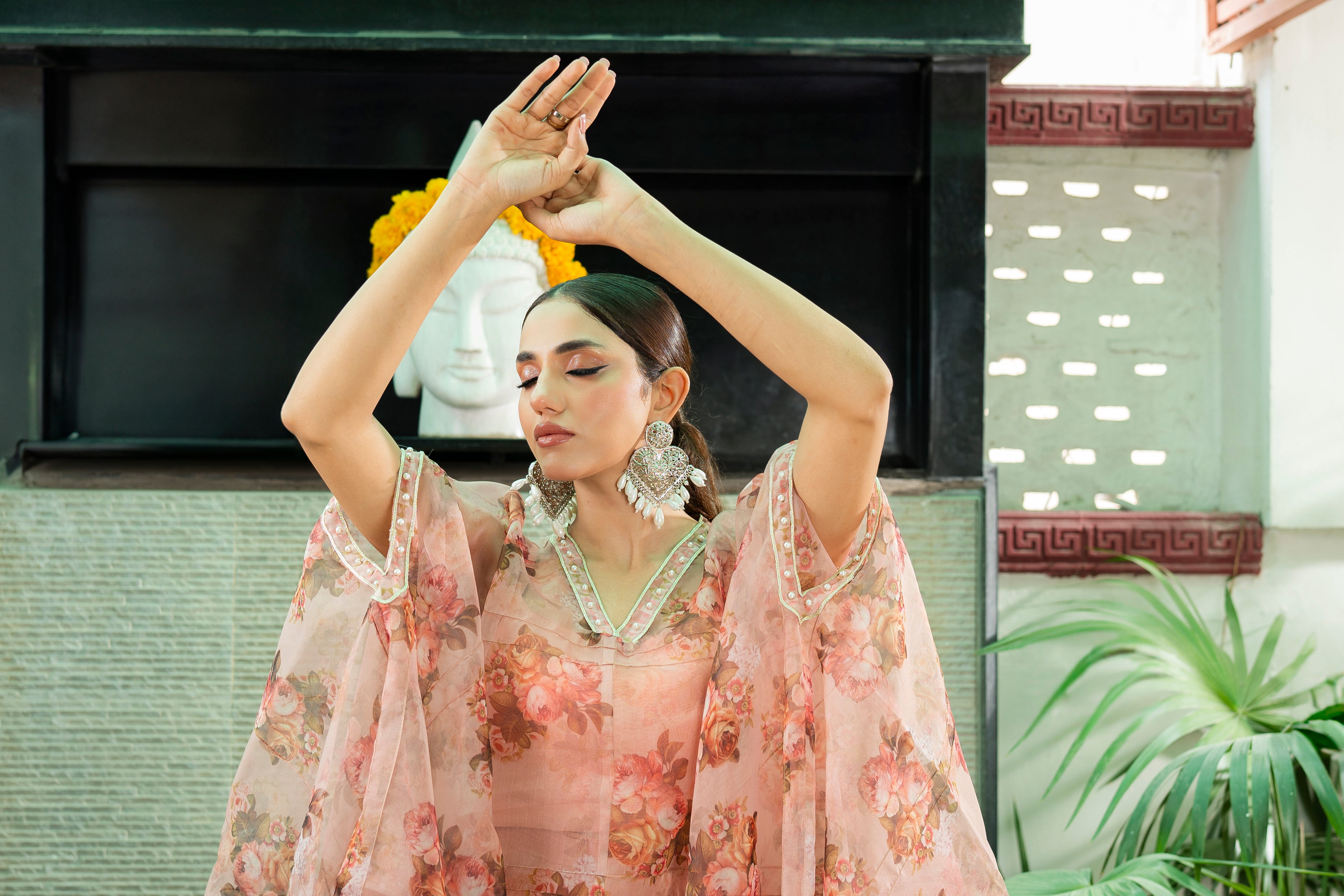 Pakistani Peach Floral Organza Cape Dress (3-Piece) - Image 4