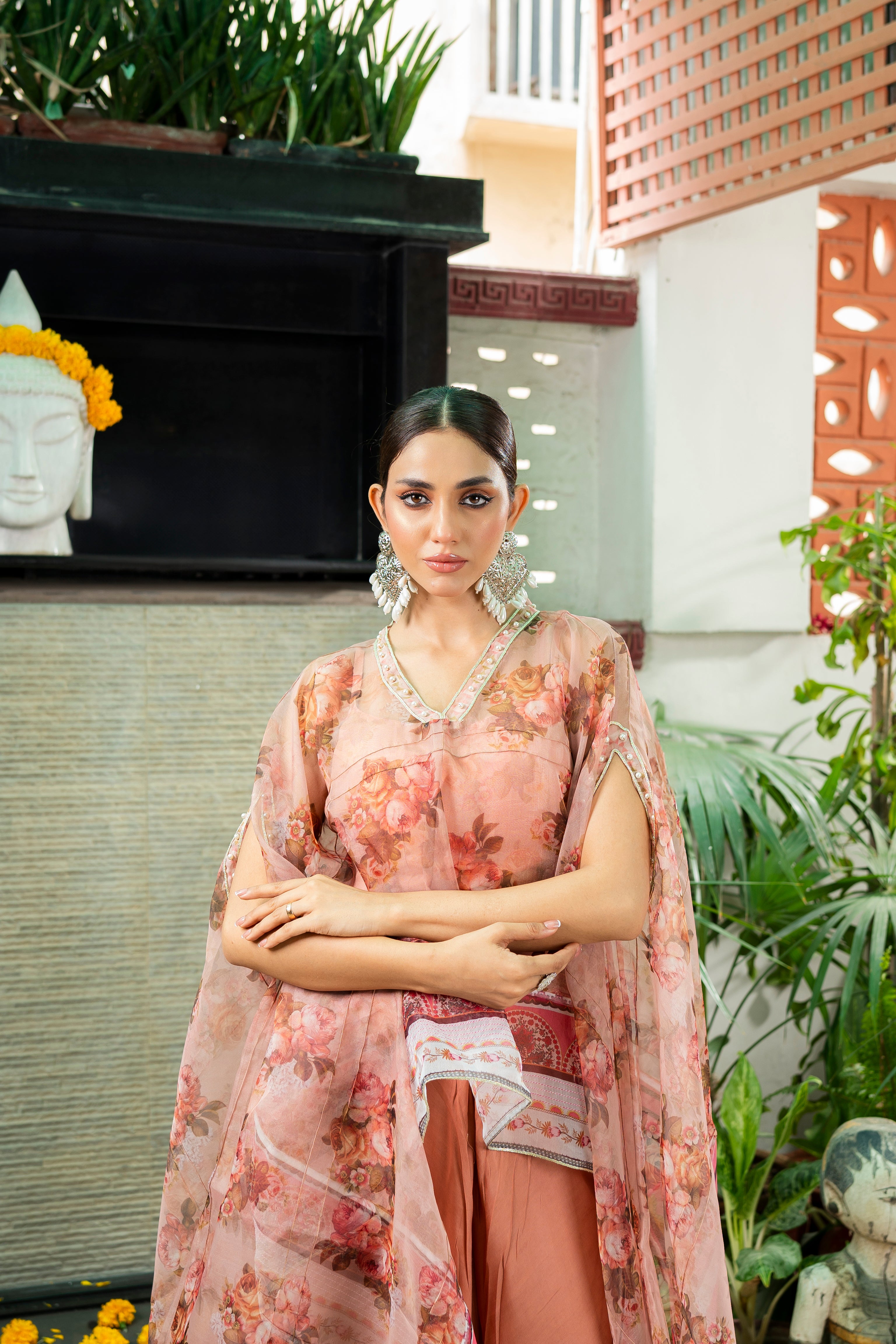 Pakistani Peach Floral Organza Cape Dress (3-Piece) - Image 5