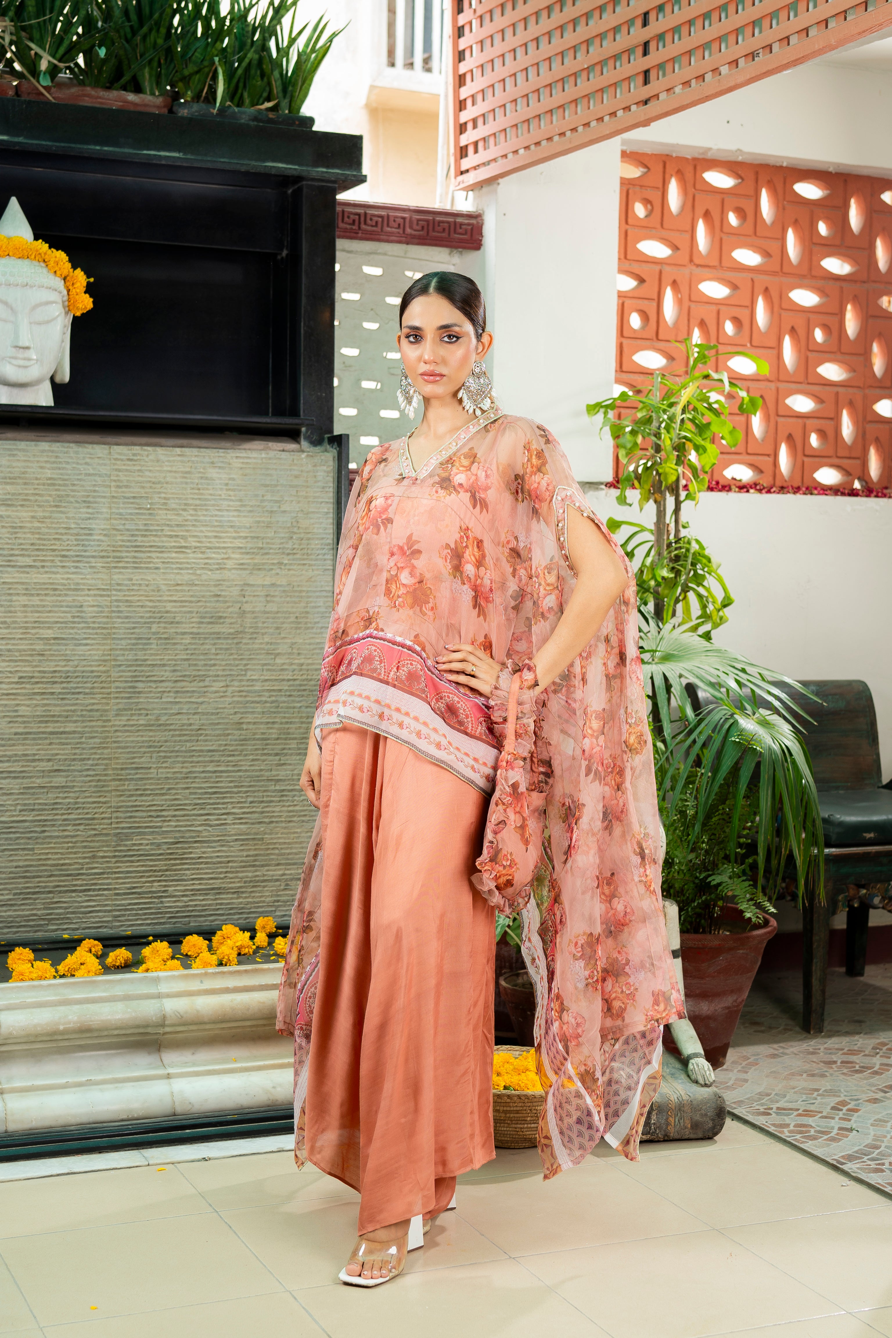 Pakistani Peach Floral Organza Cape Dress (3-Piece) - Image 8