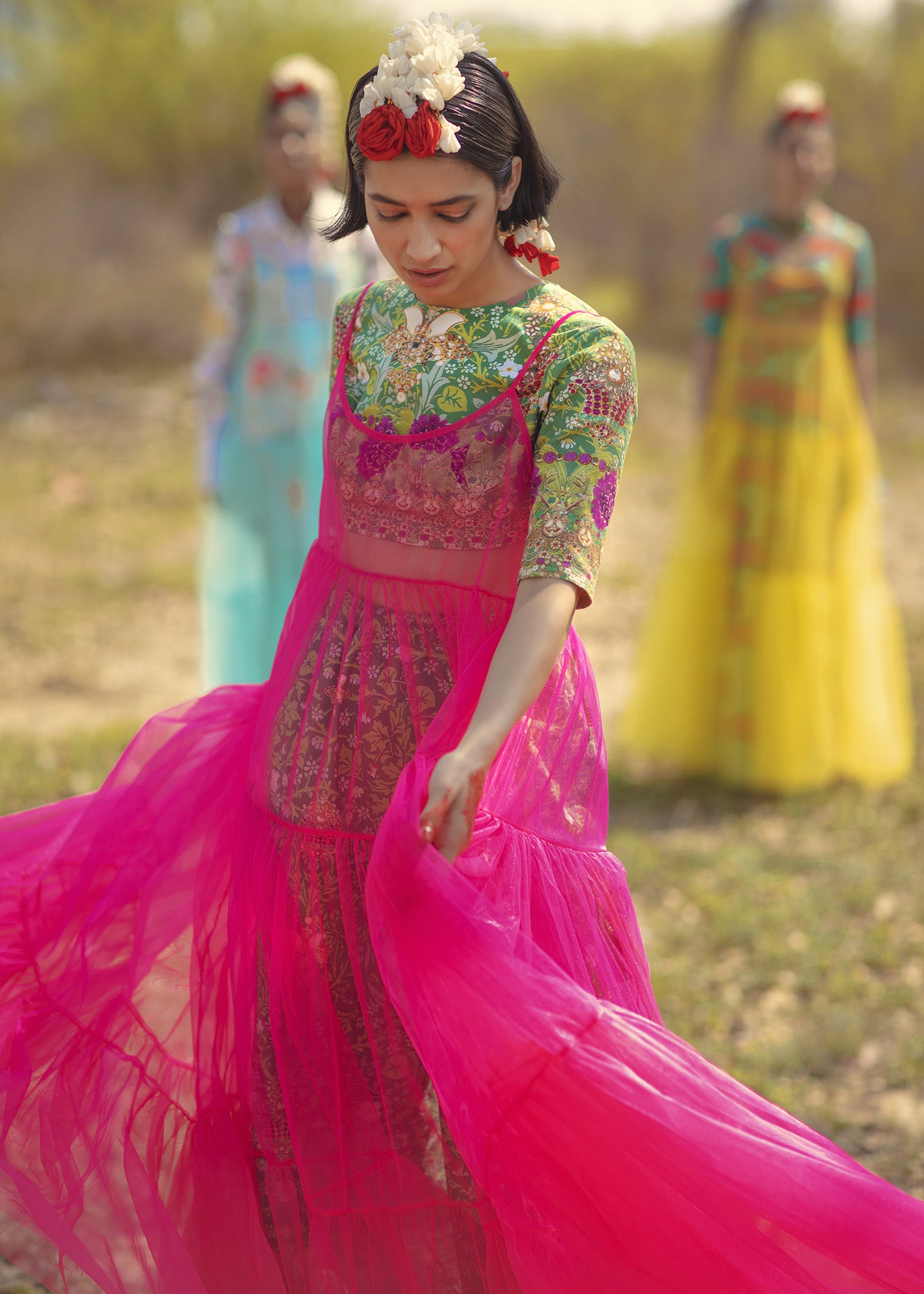 Fuchsia Green Floral Embroidered Raw Silk Cape Dress (2-Piece) - Image 1