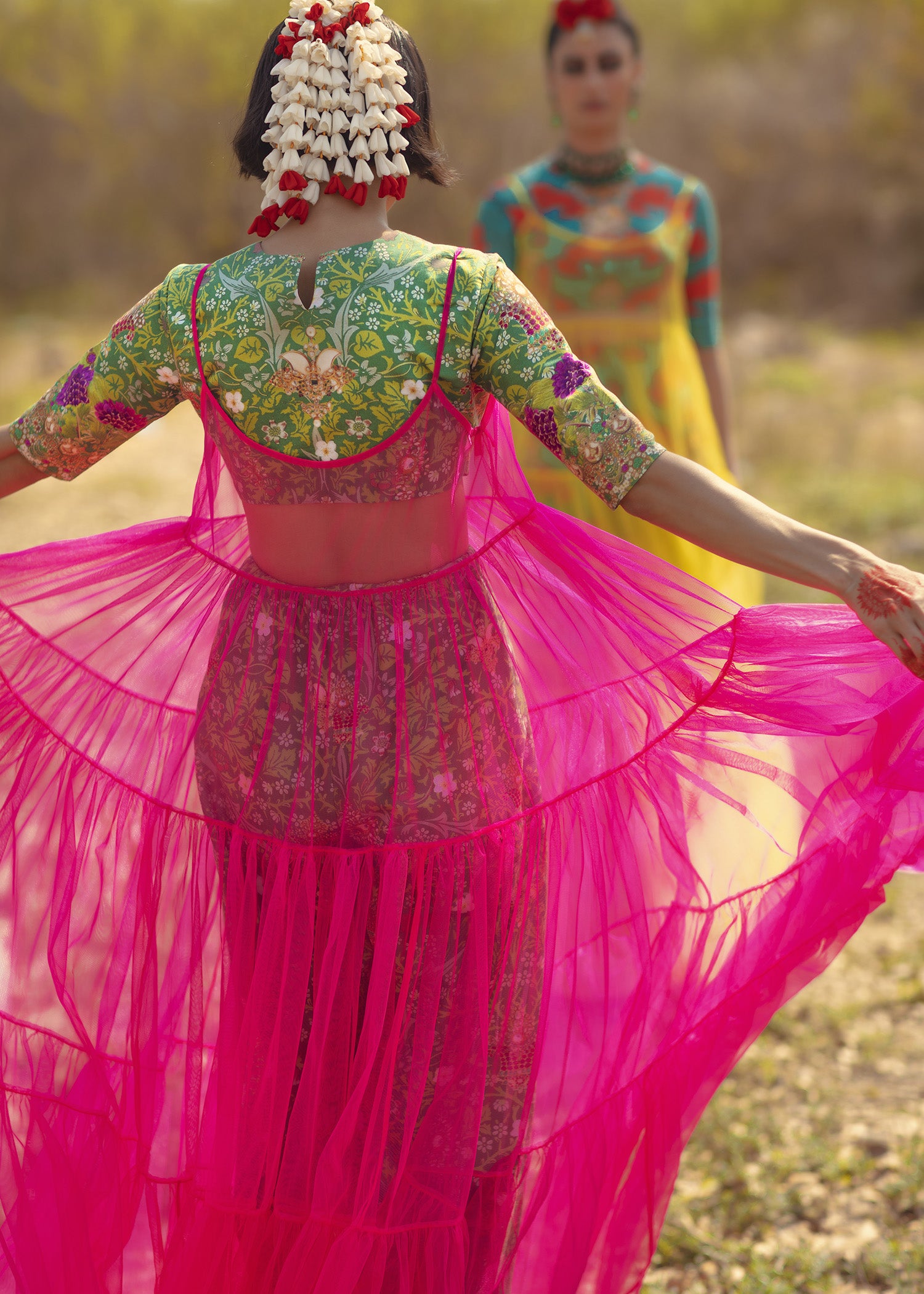 Fuchsia Green Floral Embroidered Raw Silk Cape Dress (2-Piece) - Image 2