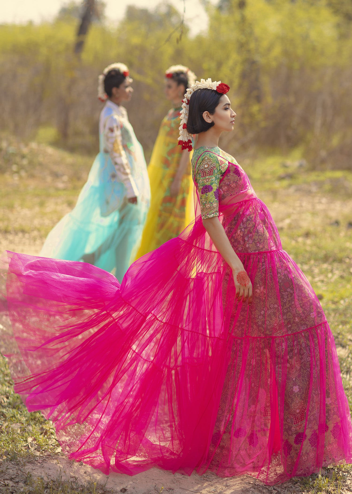 Fuchsia Green Floral Embroidered Raw Silk Cape Dress (2-Piece) - Image 4