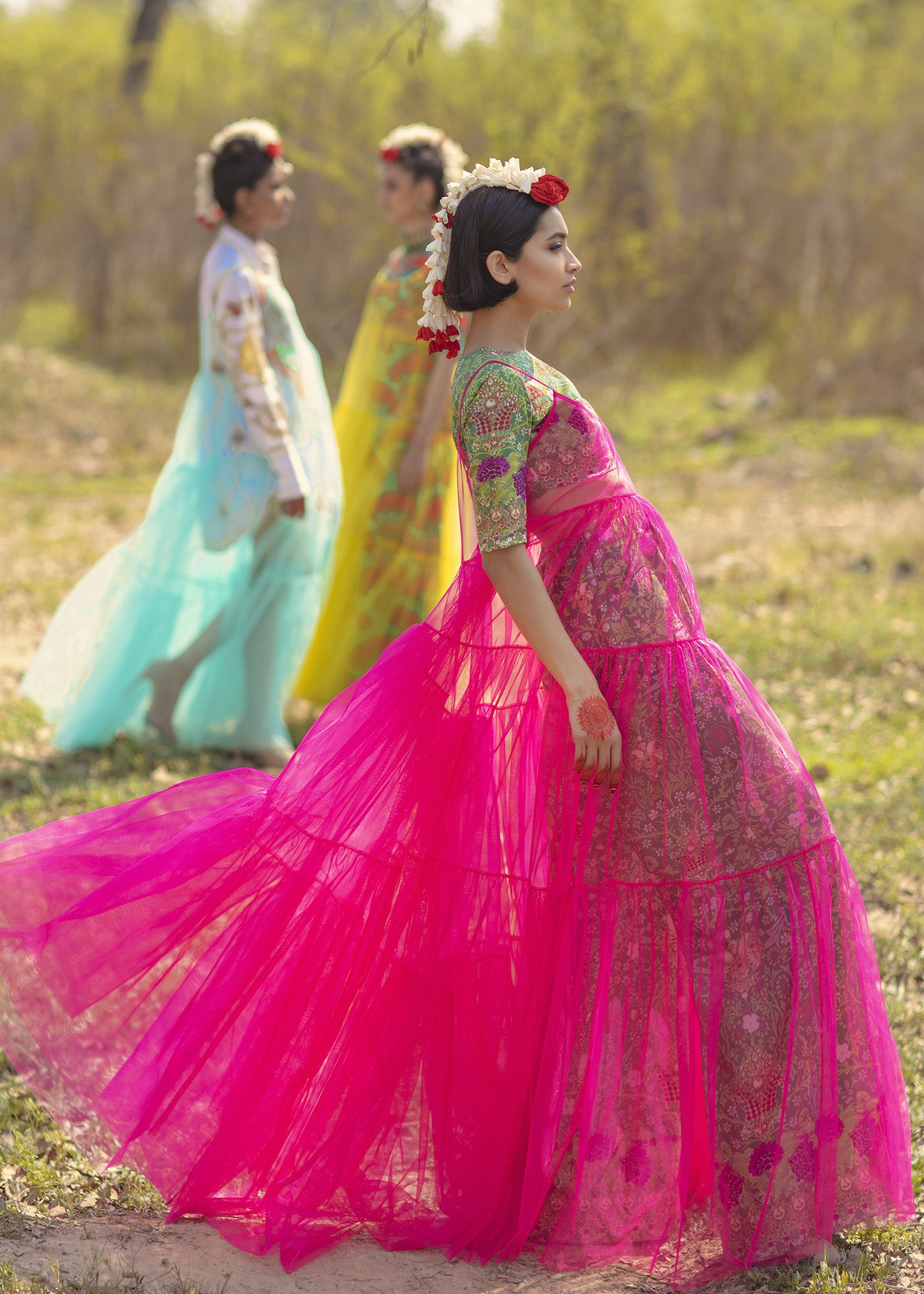 Fuchsia Green Embroidered Raw Silk Cape Dress (2-Piece) - Image 3