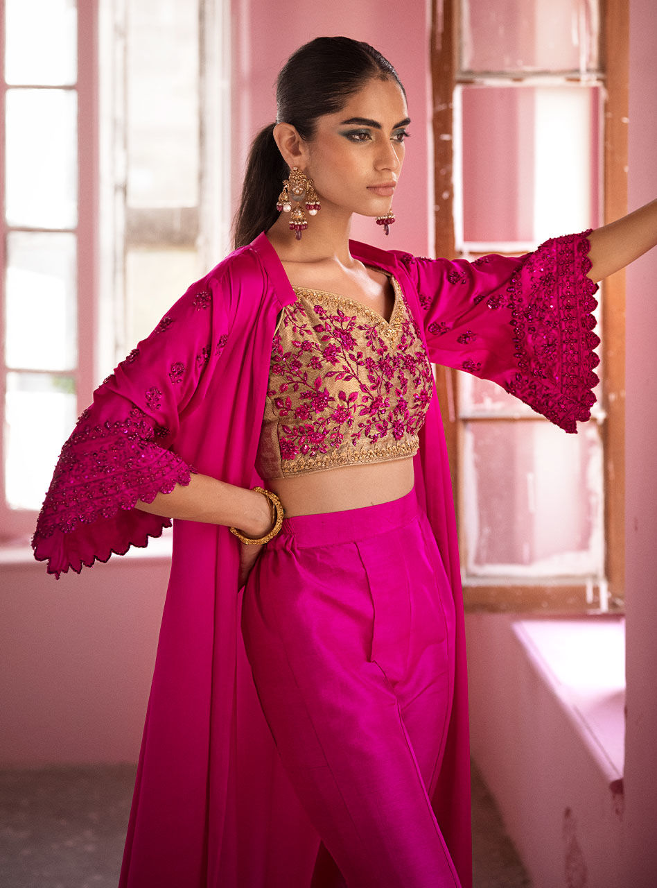 Fuchsia Ombre Embroidered Silk Maysuri Cape Dress (3-Piece) - Image 10