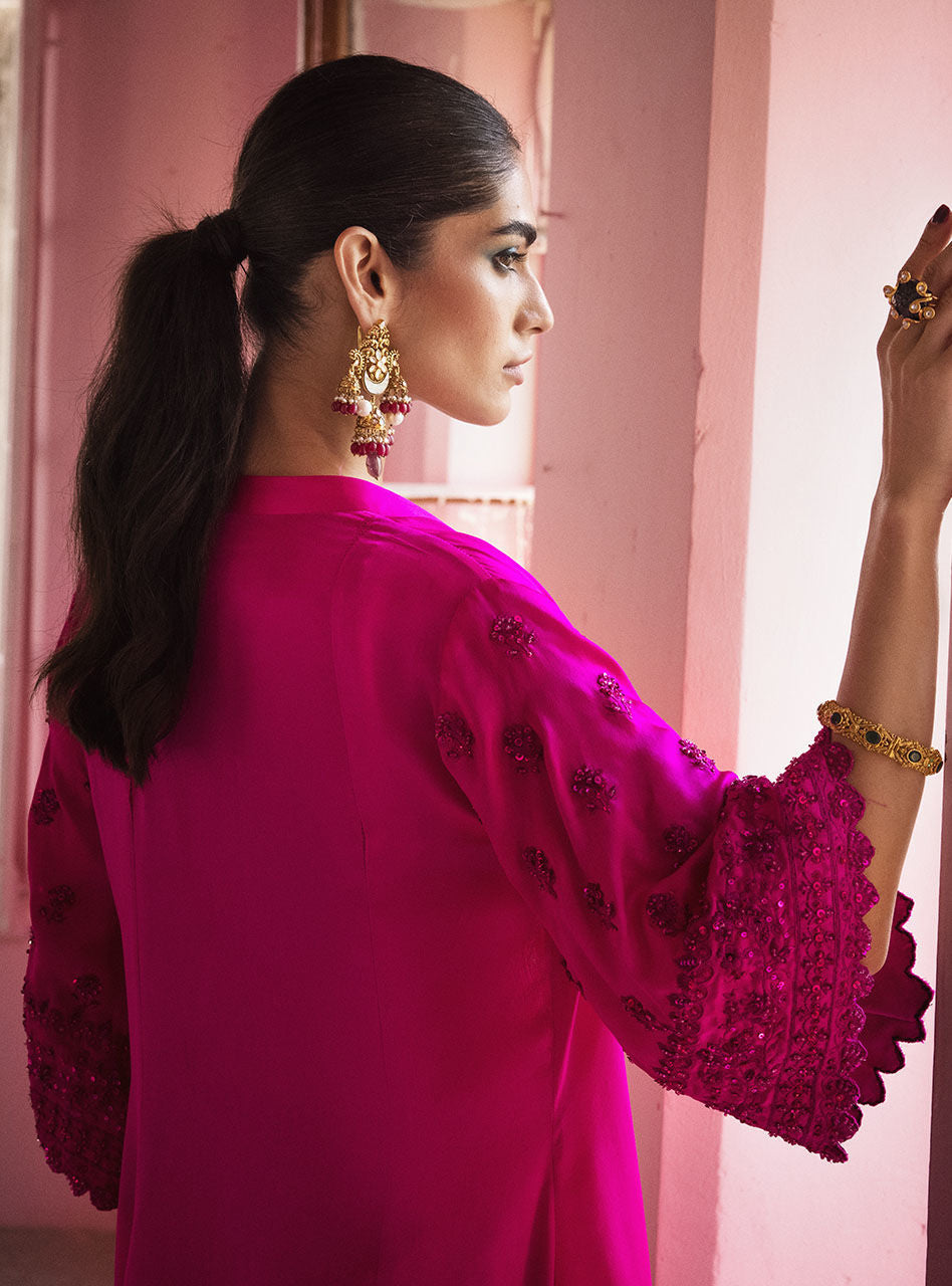 Fuchsia Ombre Embroidered Silk Maysuri Cape Dress (3-Piece) - Image 13