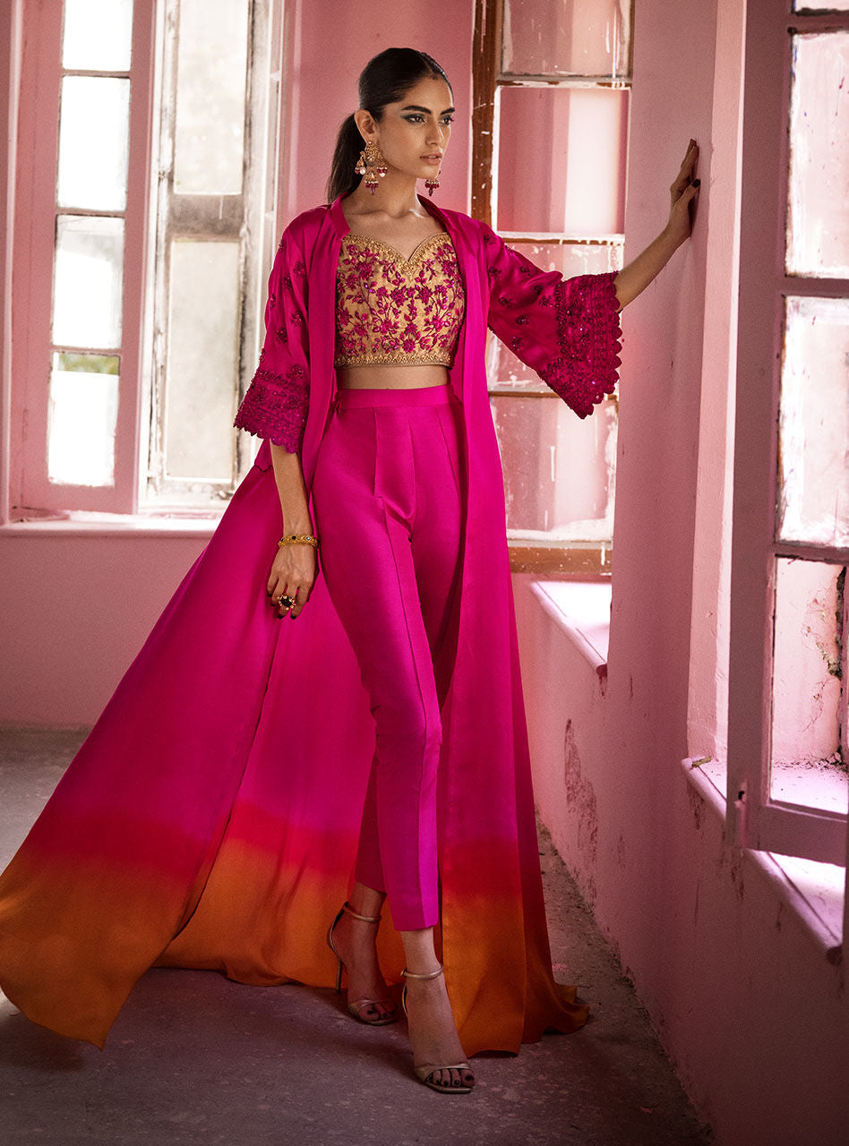 Fuchsia Ombre Embroidered Silk Maysuri Cape Dress (3-Piece) - Image 2