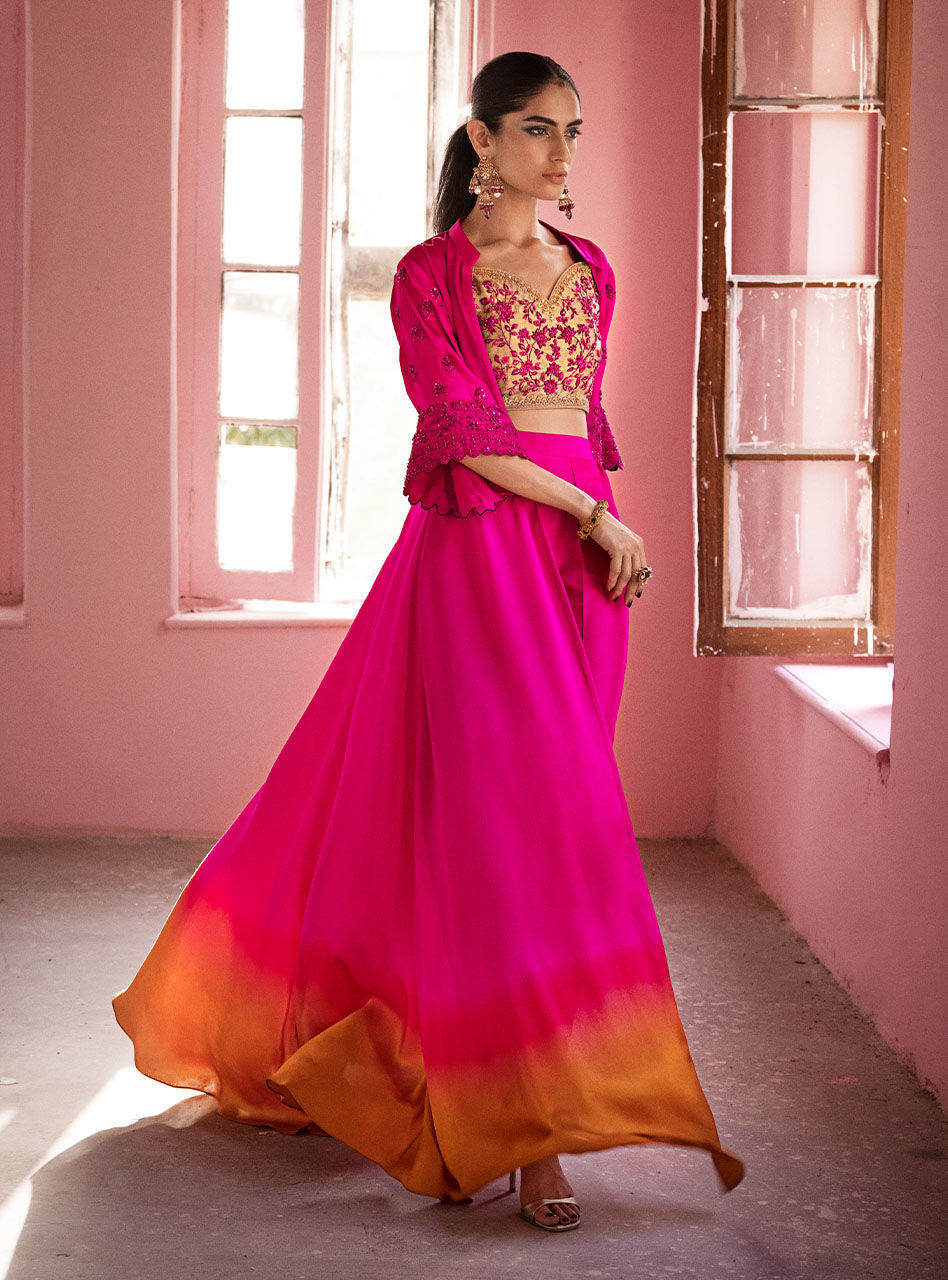 Fuchsia Ombre Embroidered Silk Maysuri Cape Dress (3-Piece) - Image 4