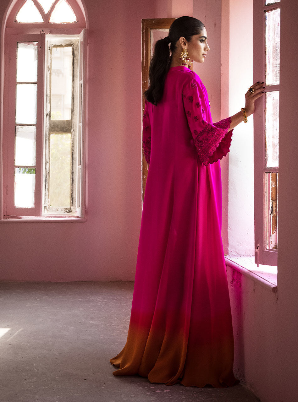 Fuchsia Ombre Embroidered Silk Maysuri Cape Dress (3-Piece) - Image 6