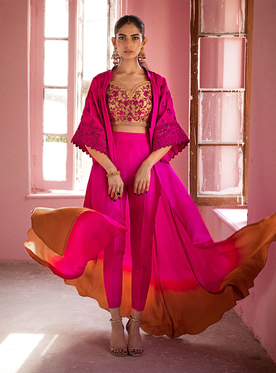 Pakistani Fuchsia Ombre Embroidered Silk/Maysuri Cape Jacket (3-Piece) - Image 1