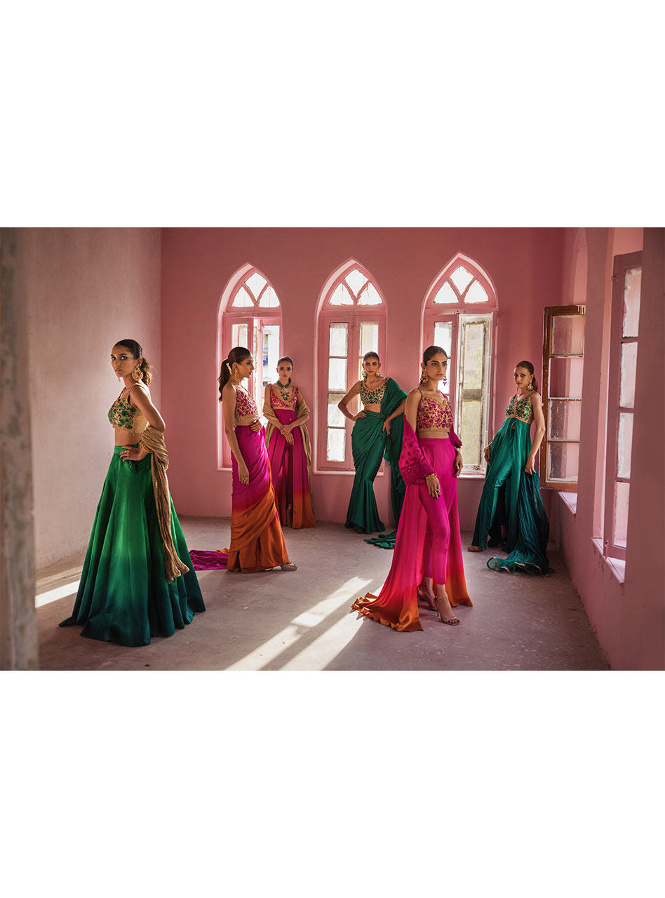 Pakistani Fuchsia Ombre Embroidered Silk/Maysuri Cape Jacket (3-Piece) - Image 12