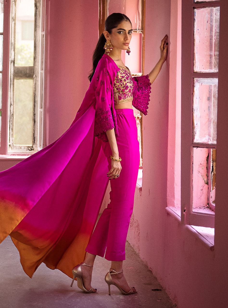 Pakistani Fuchsia Ombre Embroidered Silk/Maysuri Cape Jacket (3-Piece) - Image 3