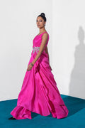 Fuchsia Crystal Zardozi Silk Cape Dress (3-Piece) - Image 11