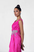 Fuchsia Crystal Zardozi Silk Cape Dress (3-Piece) - Image 12