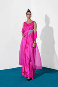 Fuchsia Crystal Zardozi Silk Cape Dress (3-Piece) - Image 3