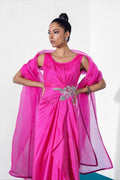 Fuchsia Crystal Zardozi Silk Cape Dress (3-Piece) - Image 4