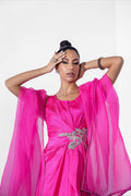 Fuchsia Crystal Zardozi Silk Cape Dress (3-Piece) - Image 5