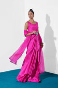 Fuchsia Crystal Zardozi Silk Cape Dress (3-Piece) - Image 7