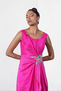 Fuchsia Crystal Zardozi Silk Cape Dress (3-Piece) - Image 9