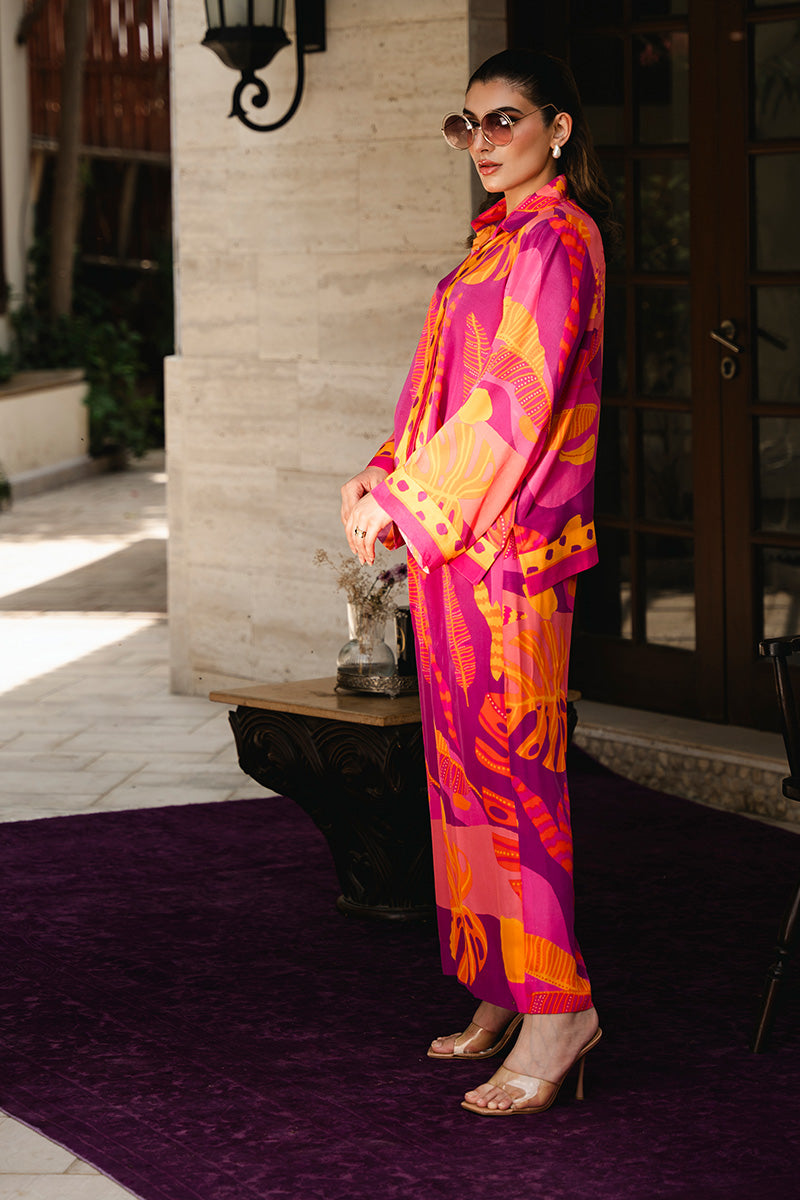 Pakistani Magenta Yellow Tropical Print Crepe Co-ord Set (2-Piece) - Image 2