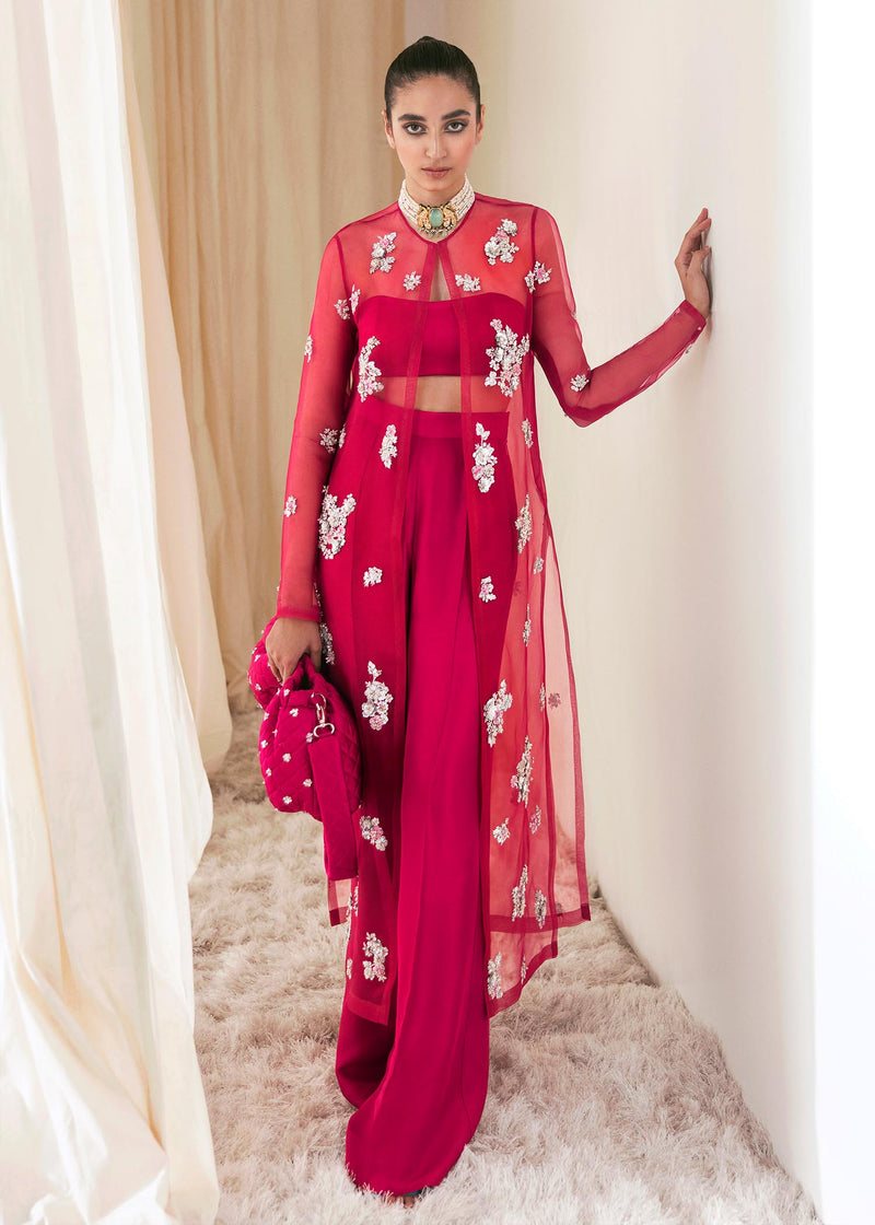 Pakistani Hot Pink Embroidered Organza Jacket Co-ord Set (3-Piece) - Image 1