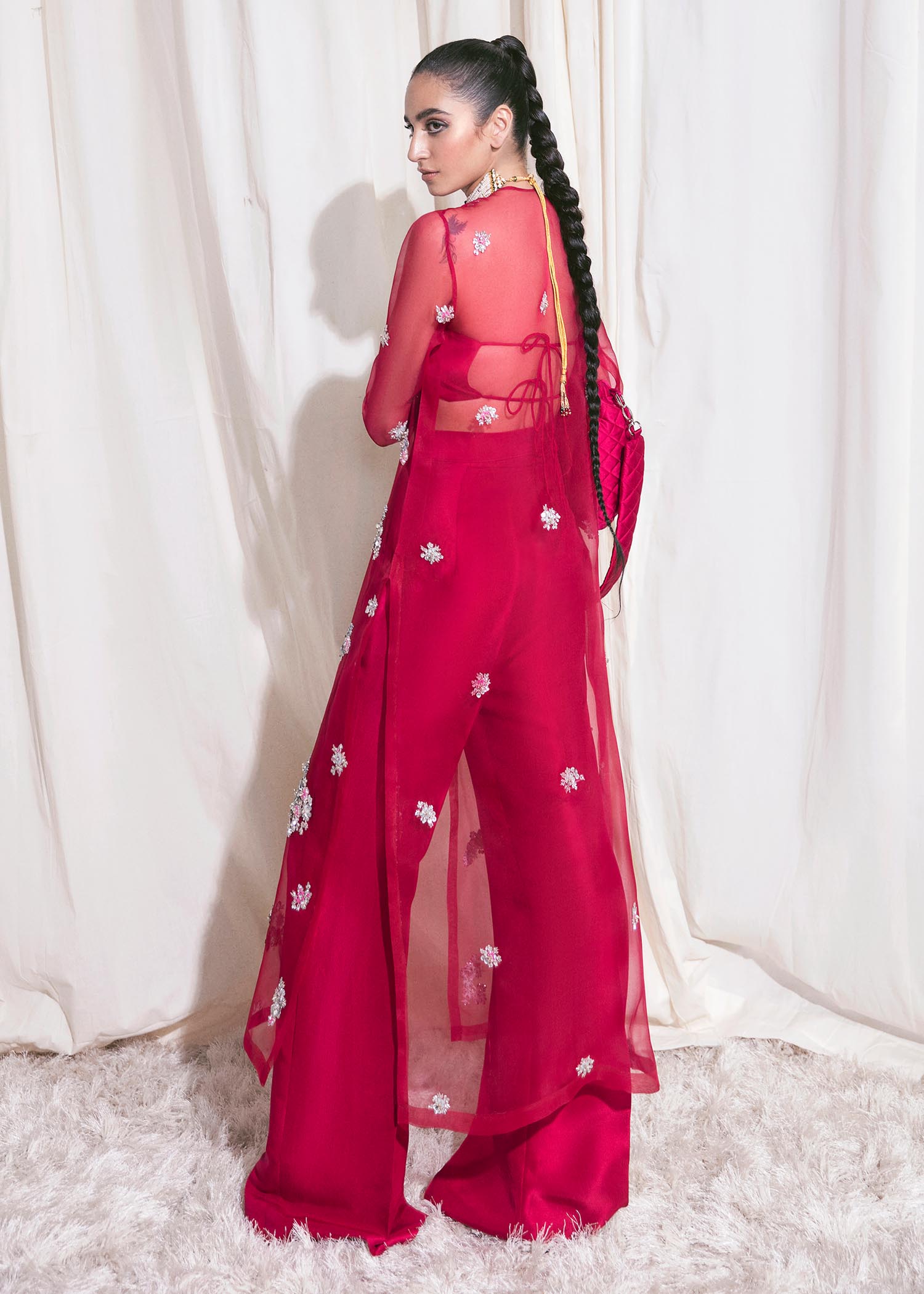 Pakistani Hot Pink Embroidered Organza Jacket Co-ord Set (3-Piece) - Image 4