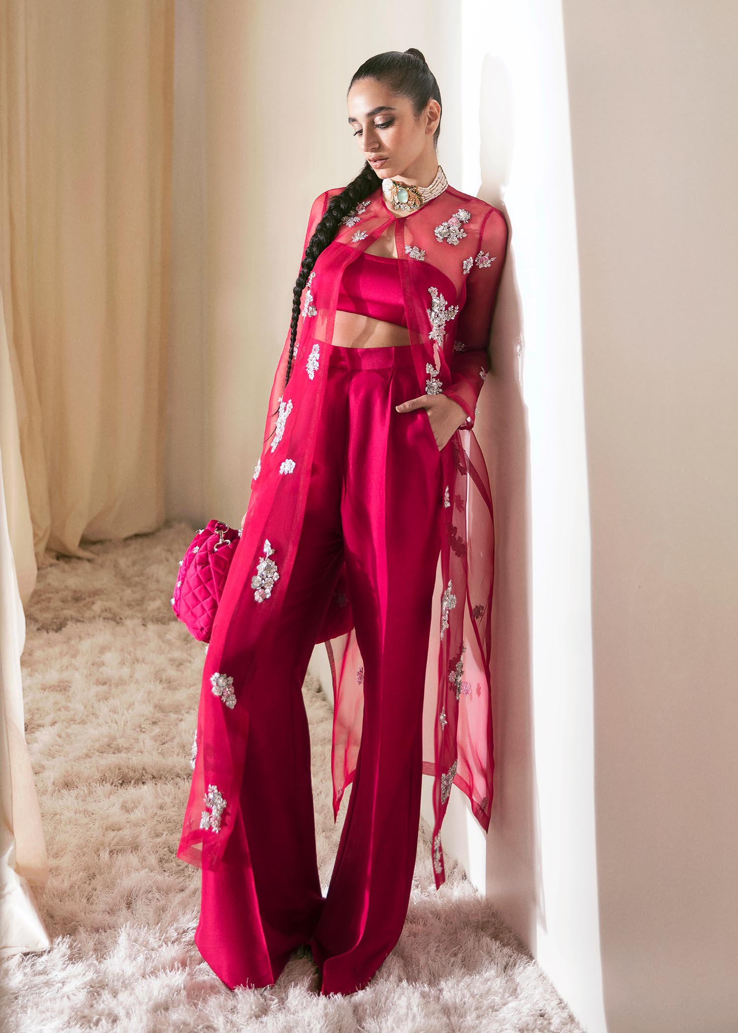 Pakistani Hot Pink Embroidered Organza Jacket Co-ord Set (3-Piece) - Image 5