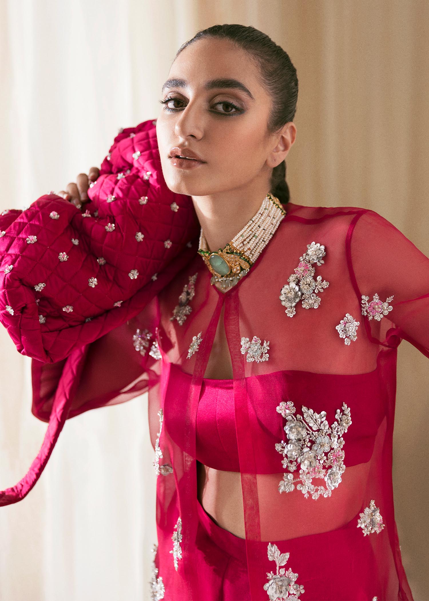 Pakistani Hot Pink Embroidered Organza Jacket Co-ord Set (3-Piece) - Image 6