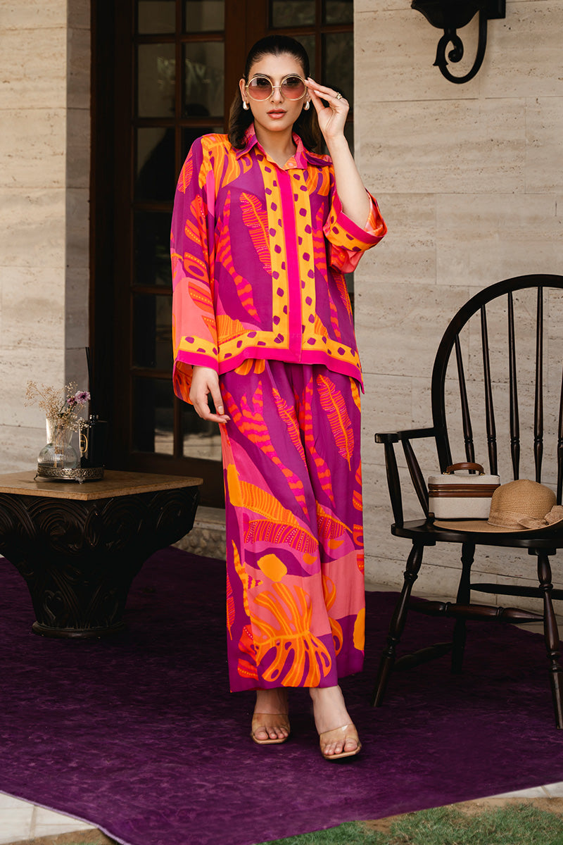 Magenta Yellow Tropical Print Crepe Co-ord Set (2-Piece) - Image 1