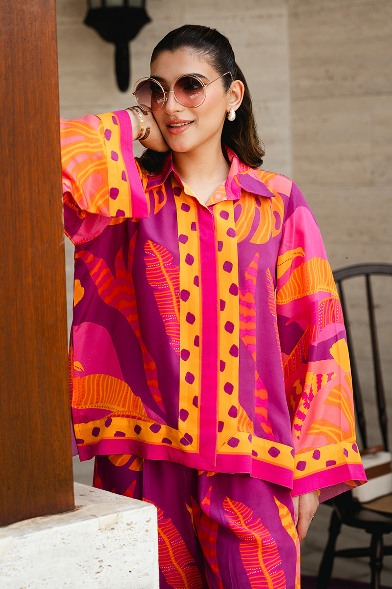 Magenta Yellow Tropical Print Crepe Co-ord Set (2-Piece) - Image 2