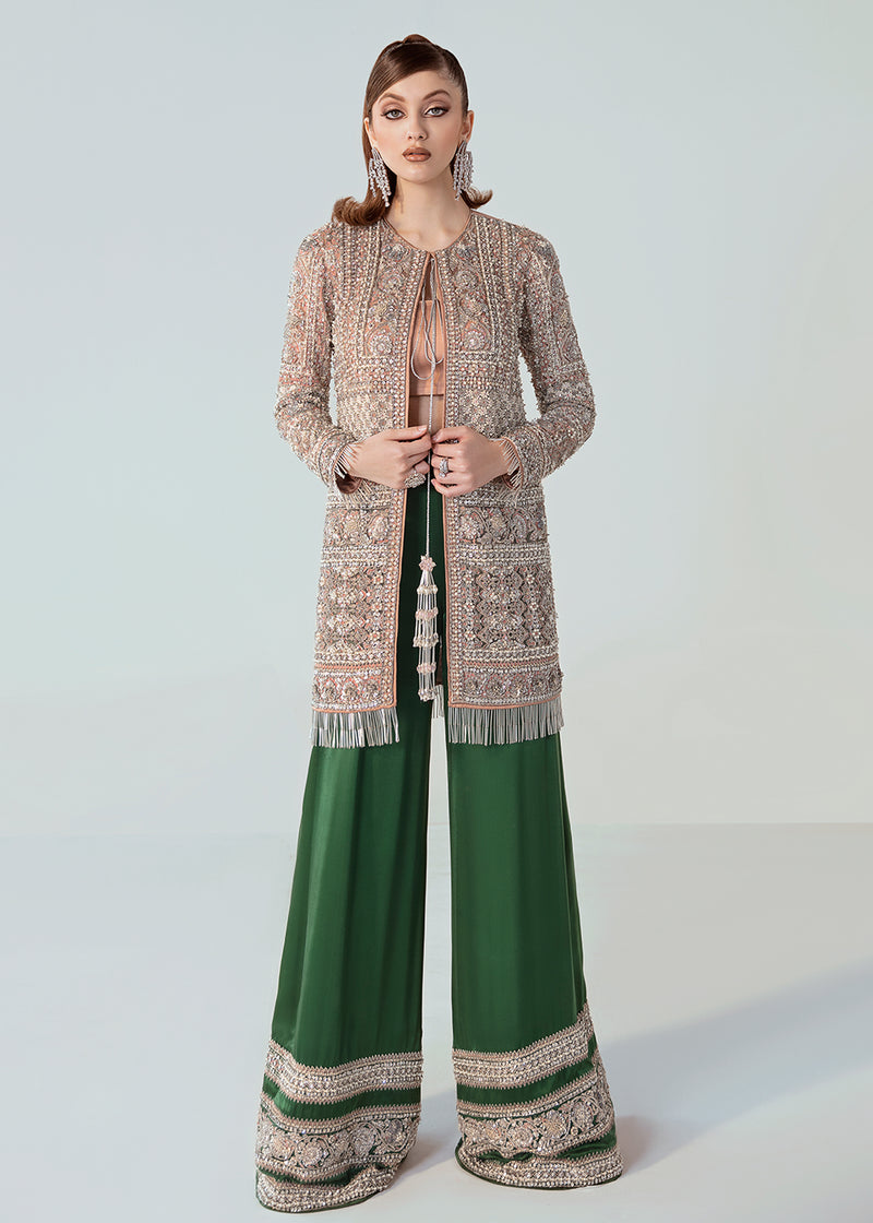 Pakistani Peach Embroidered Net Jacket with Satin Palazzo (2-Piece) - Image 1