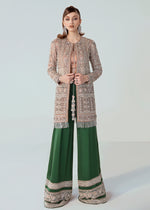 Pakistani Peach Embroidered Net Jacket with Satin Palazzo (2-Piece) - Image 2