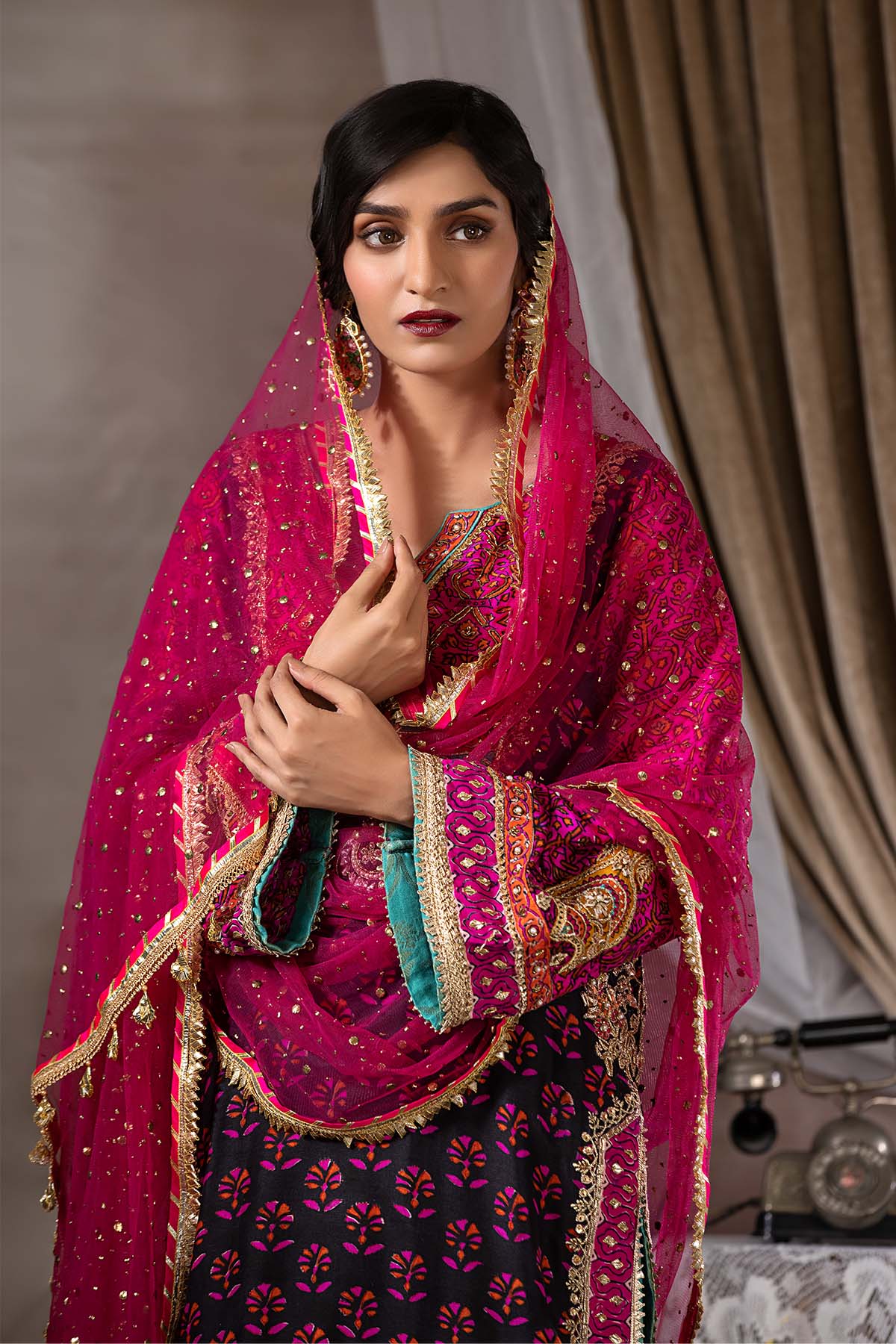 Pakistani Hot Pink Mukesh Net Dupatta (1-Pc) - Image 1