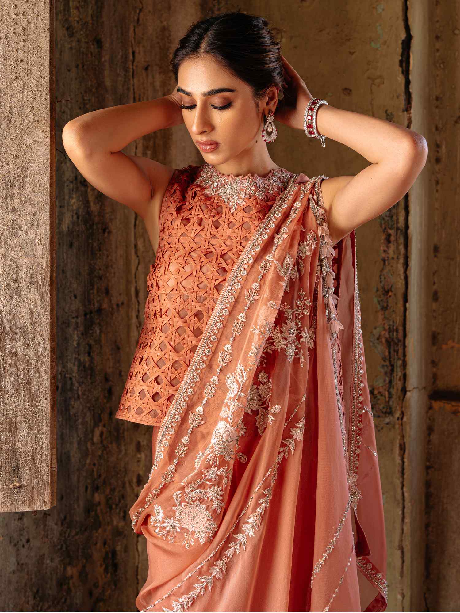 Pakistani Coral Pink Zardozi Raw Silk & Organza Set (3-Piece) - Image 2