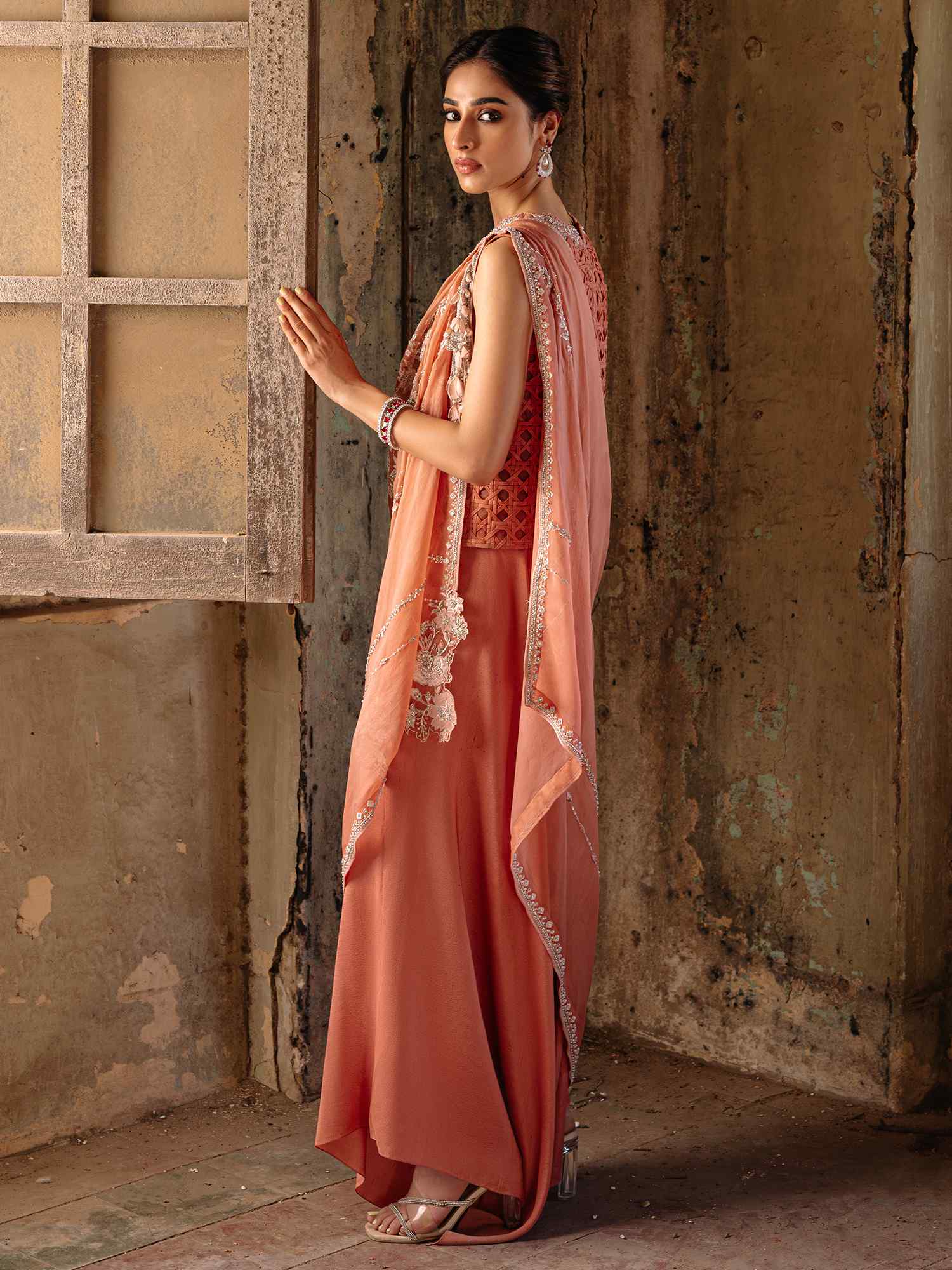 Pakistani Coral Pink Zardozi Raw Silk & Organza Set (3-Piece) - Image 3