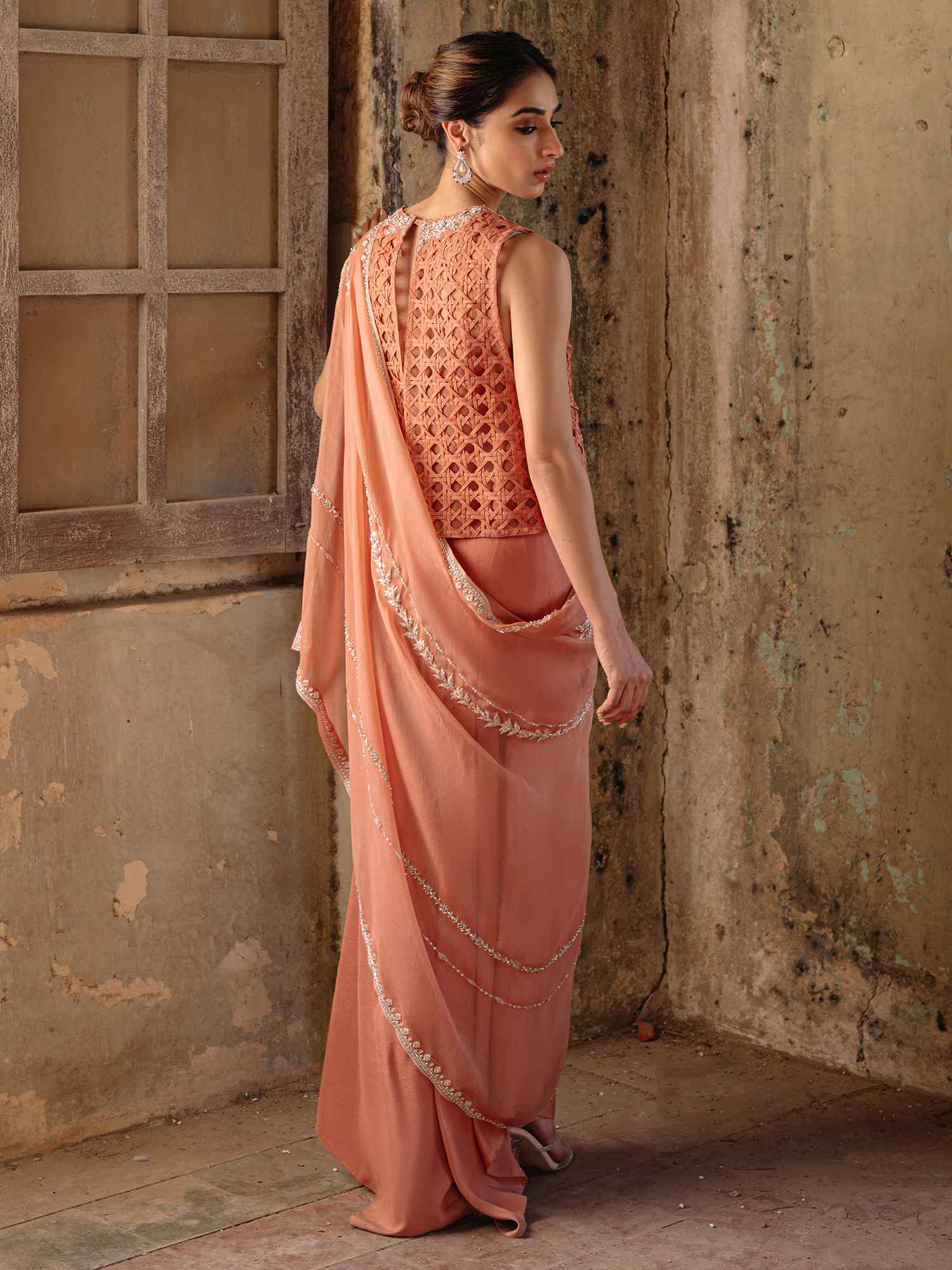 Pakistani Coral Pink Zardozi Raw Silk & Organza Set (3-Piece) - Image 4